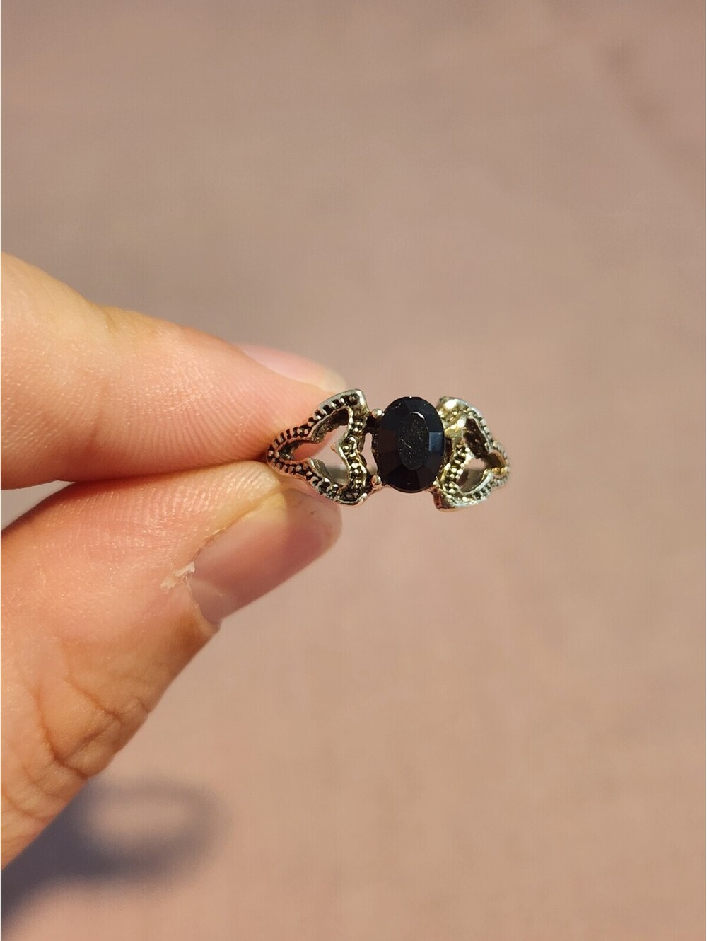 Vintage Style Silver Ring with Black Oval Gemstone